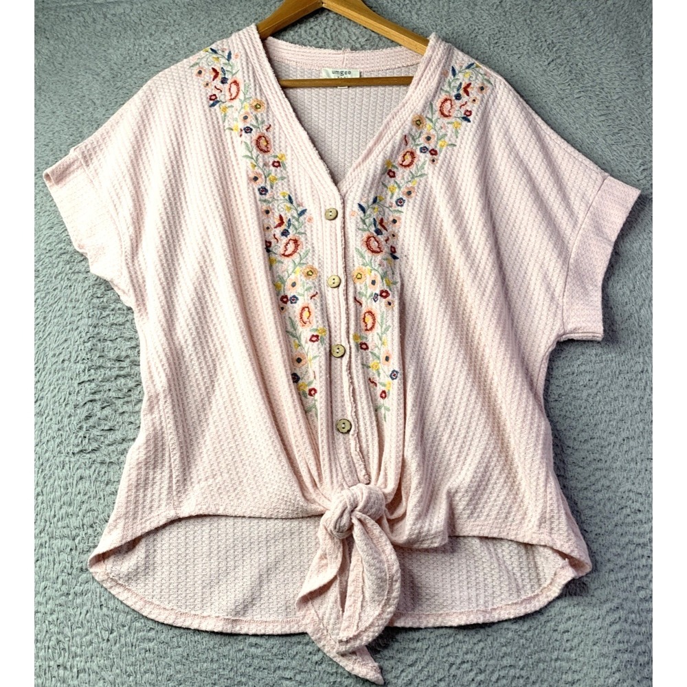 Umgee Top Womens Size Large Light Pink Short Sleeve Embriodered Floral Button Up